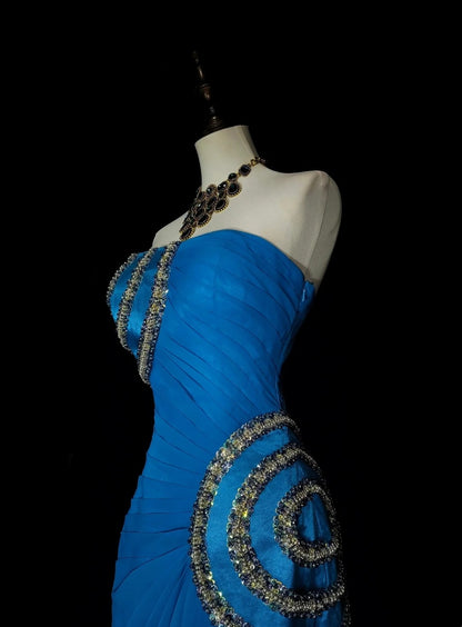 Vintage Mermaid Strapless Chiffon Blue With Beaded Long Summer Prom Dresses Spring Formal Party Dress N1423
