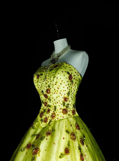 Chic Ball Gown Strapless Green Tulle With Beaded Long College Formal Outfit Prom Graduation Dresses For Teens N1379