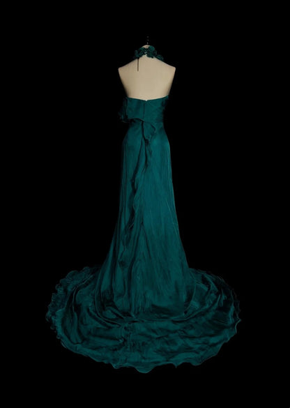 Modest A line Halter Dark Green Chiffon Sleeveless Senior Prom Dresses High School Long Formal Dress N1378