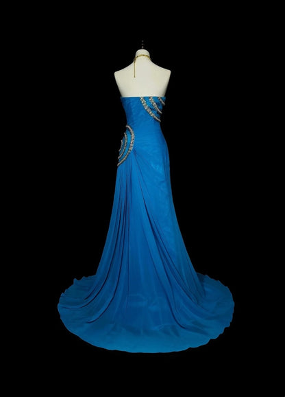 Vintage Mermaid Strapless Chiffon Blue With Beaded Long Summer Prom Dresses Spring Formal Party Dress N1423