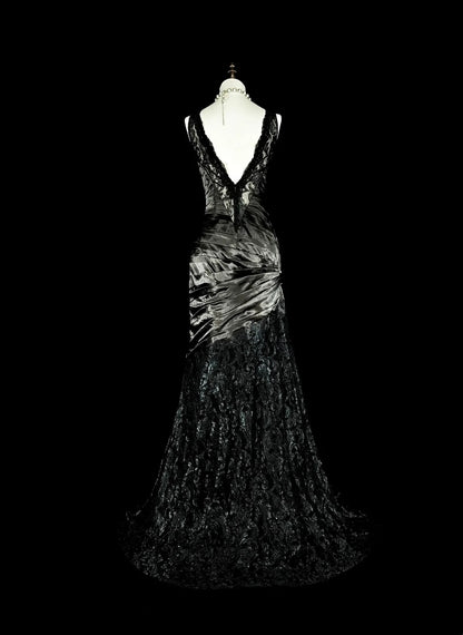 Vintage 1960s Boat Neck Sleeveless Satin Pleated Mermaid Long Prom Dresses N1574