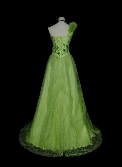 Modest Ball Gown One Shoulder Green Tulle Long Summer For High Schools Prom Dresses Spring Formal Dress N1418
