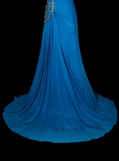 Vintage Mermaid Strapless Chiffon Blue With Beaded Long Summer Prom Dresses Spring Formal Party Dress N1423