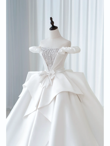 Simple Ball Gown Off The Shoulder Satin Lace White Fit And Flare Long Floor Length Pleats Wedding Dress AB1010