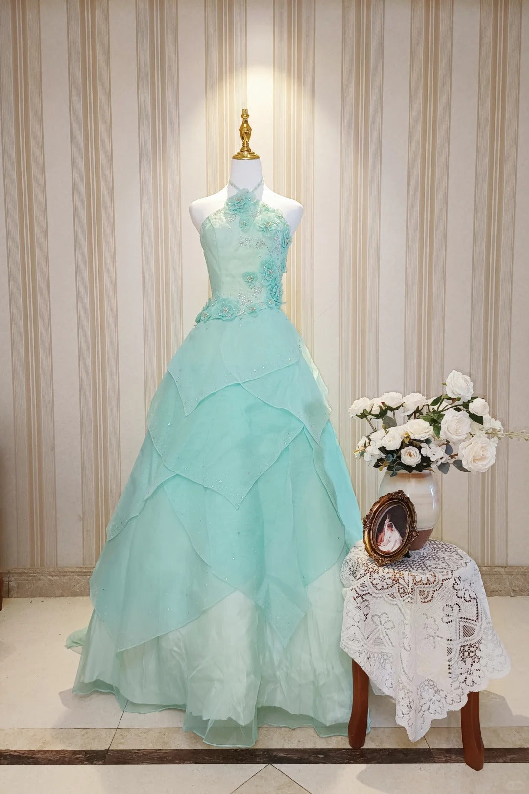 Princess Ball Gown High Neck Blue Ruffled Layers Tiered With Flowers Sweet 16 Dresses Quinceanera Dress N4189