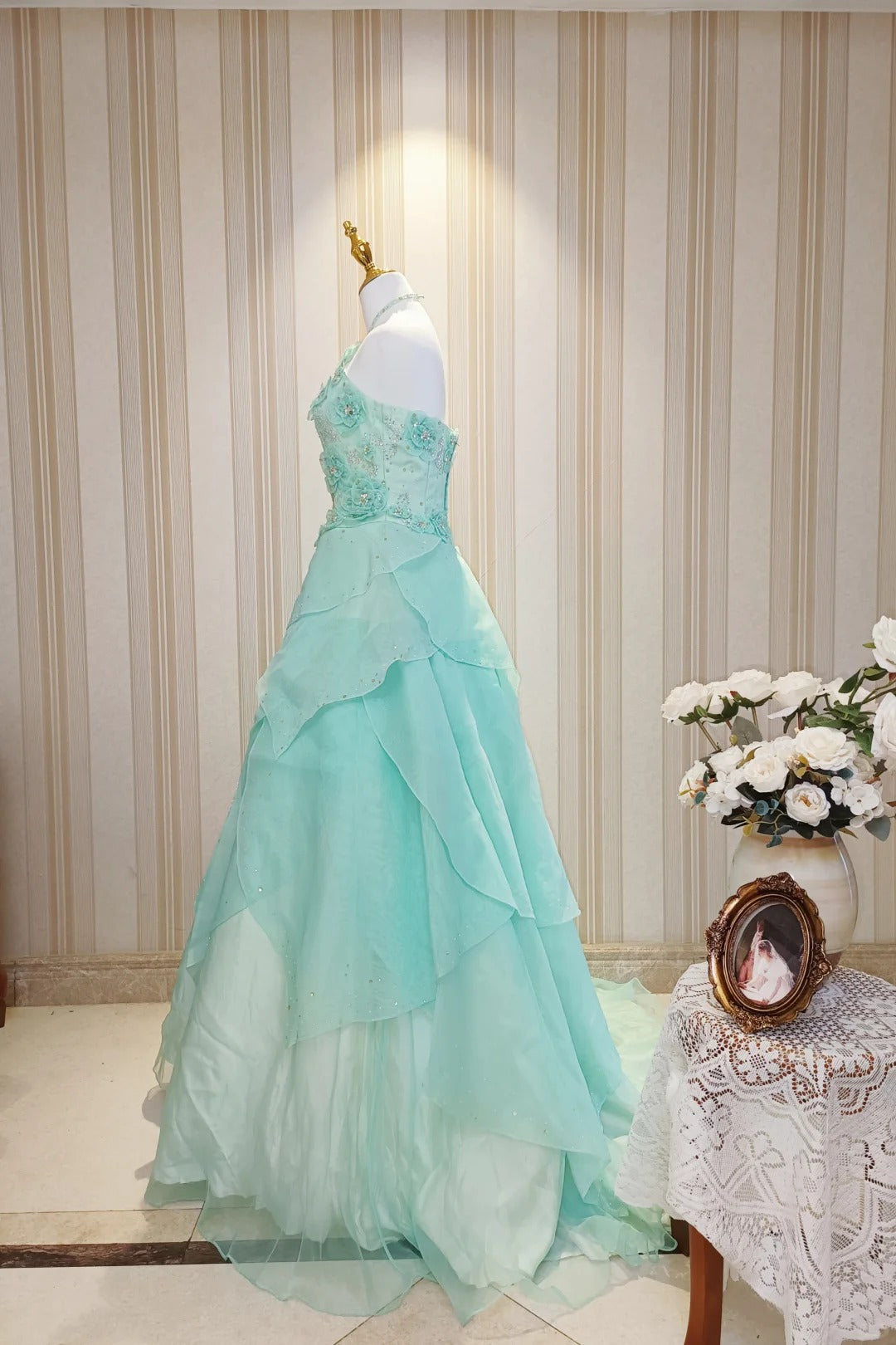 Princess Ball Gown High Neck Blue Ruffled Layers Tiered With Flowers Sweet 16 Dresses Quinceanera Dress N4189