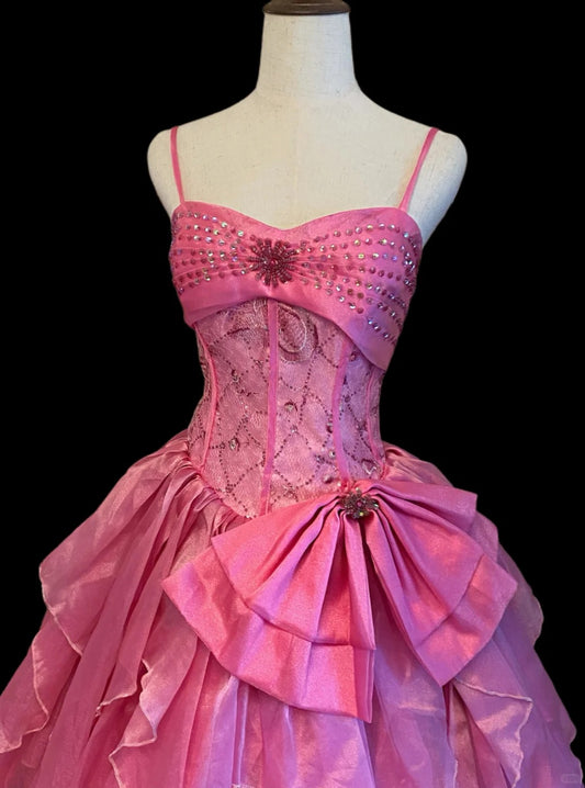 Princess Ball Gown Spaghetti Straps Pink Ruffled Layered Tiered Long Sweet 16 Dresses Seventeen Quince Dress RB4024