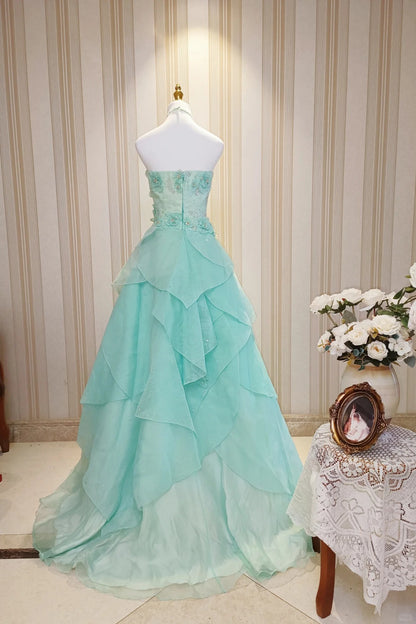 Princess Ball Gown High Neck Blue Ruffled Layers Tiered With Flowers Sweet 16 Dresses Quinceanera Dress N4189