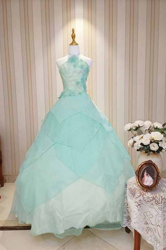 Princess Ball Gown High Neck Blue Ruffled Layers Tiered With Flowers Sweet 16 Dresses Quinceanera Dress N4189