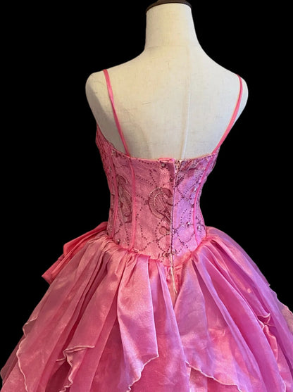 Princess Ball Gown Spaghetti Straps Pink Ruffled Layered Tiered Long Sweet 16 Dresses Seventeen Quince Dress RB4024