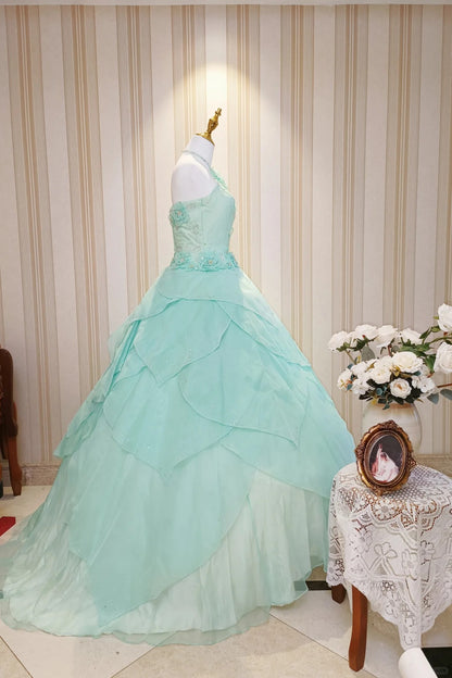 Princess Ball Gown High Neck Blue Ruffled Layers Tiered With Flowers Sweet 16 Dresses Quinceanera Dress N4189