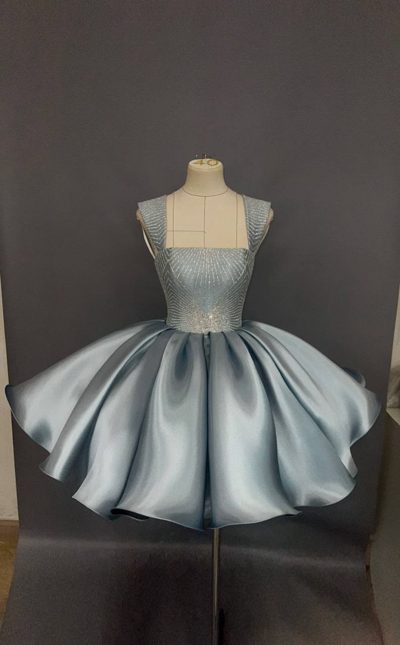 Sparkly Ball Gown Square Dusty Blue Satin For Black Girl Night Dinner Party Dress Short Mini 24th Birthday Dresses Hoco Outfit Ideas RB3637