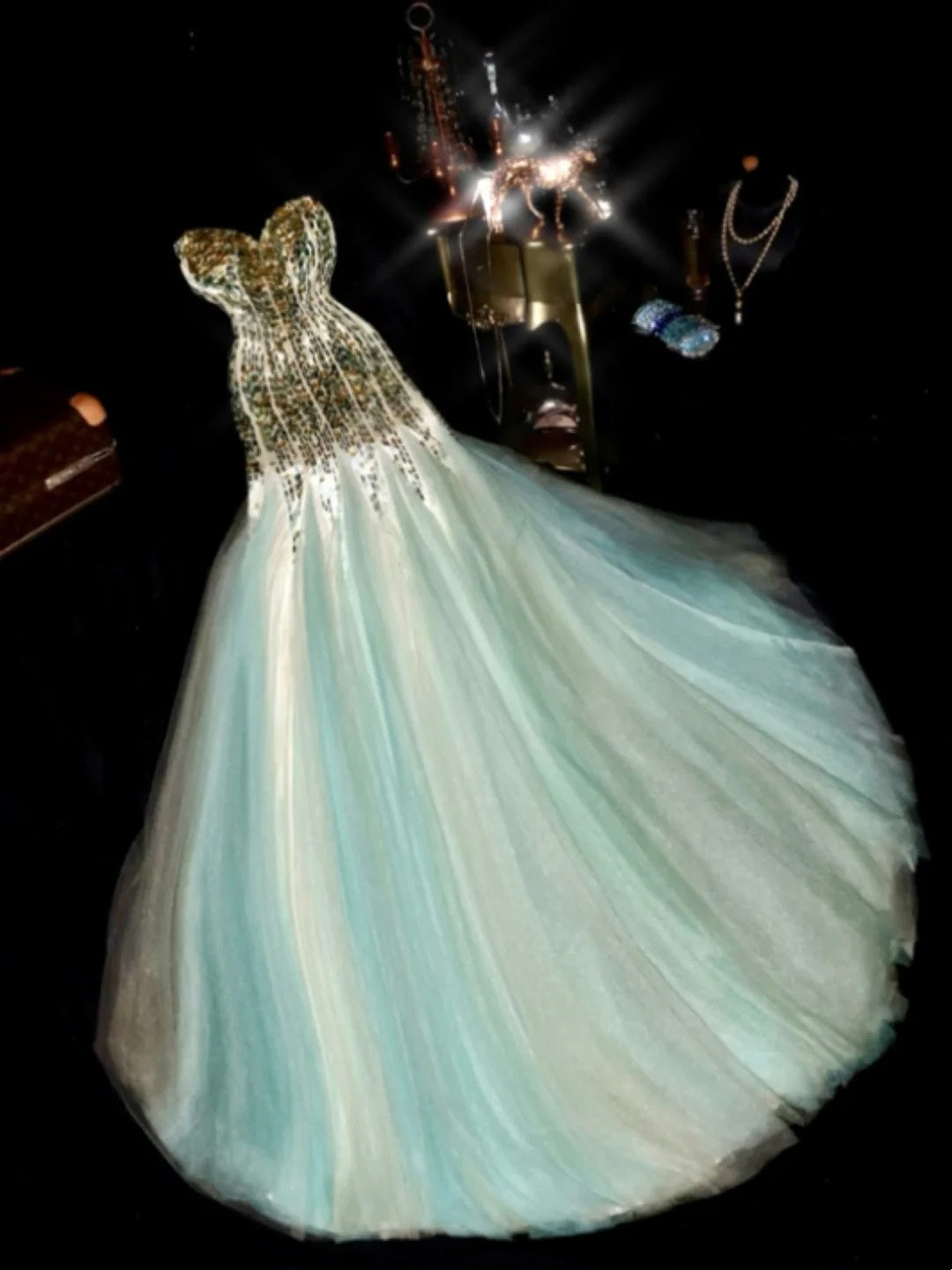 Luxurious Mermaid Sweetheart Blue Green Tulle With Gold Beading School Dances Prom Dresses 8th Grade Formal Outfits Evening Gown RB8398