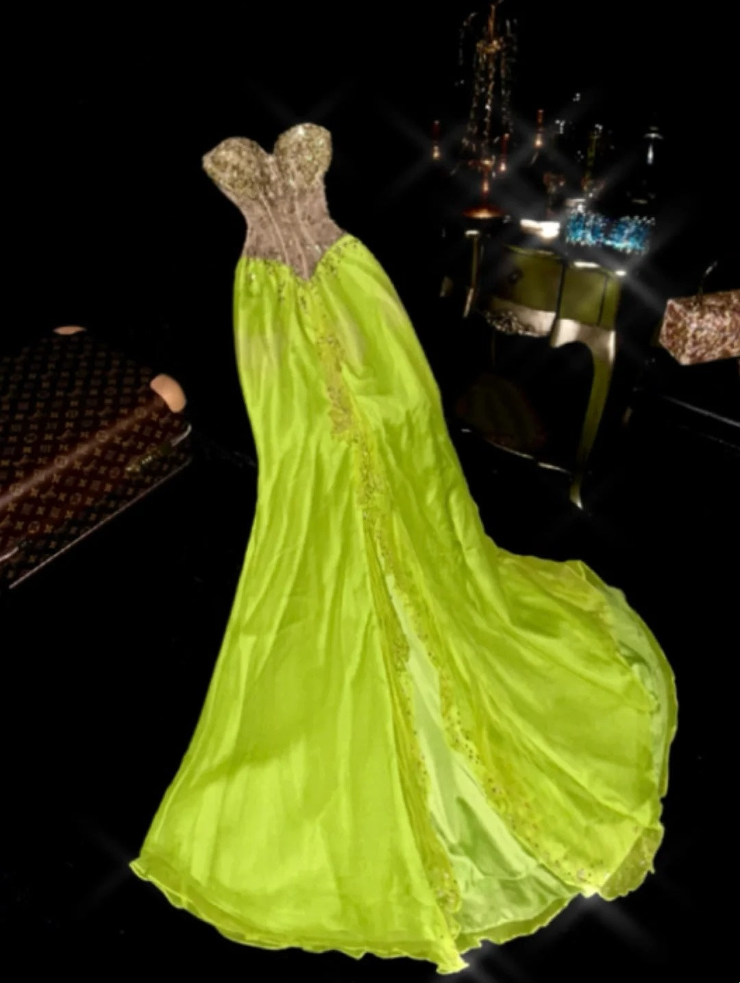Luxurious Mermaid Sweetheart Green Chiffon With Gold Appliqued School Dances Prom Dresses 8th Grade Formal Outfits Evening Gown RB8399