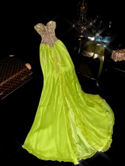 Luxurious Mermaid Sweetheart Green Chiffon With Gold Appliqued School Dances Prom Dresses 8th Grade Formal Outfits Evening Gown RB8399
