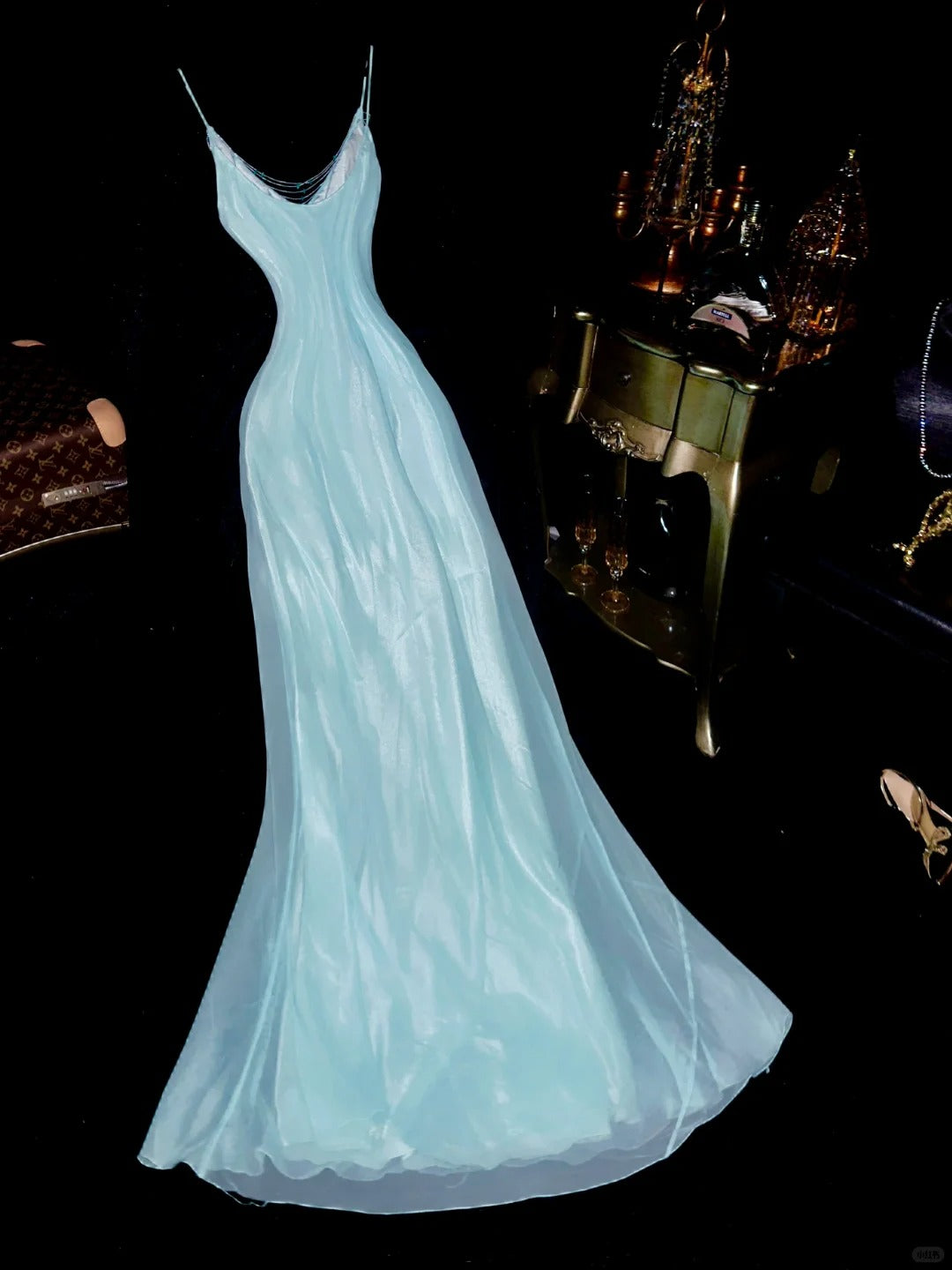 Dreamy Mermaid Spaghetti Straps Light Sky Blue Chiffon With Beading School Dances Prom Dresses 8th Grade Formal Outfits Evening Dress RB8400