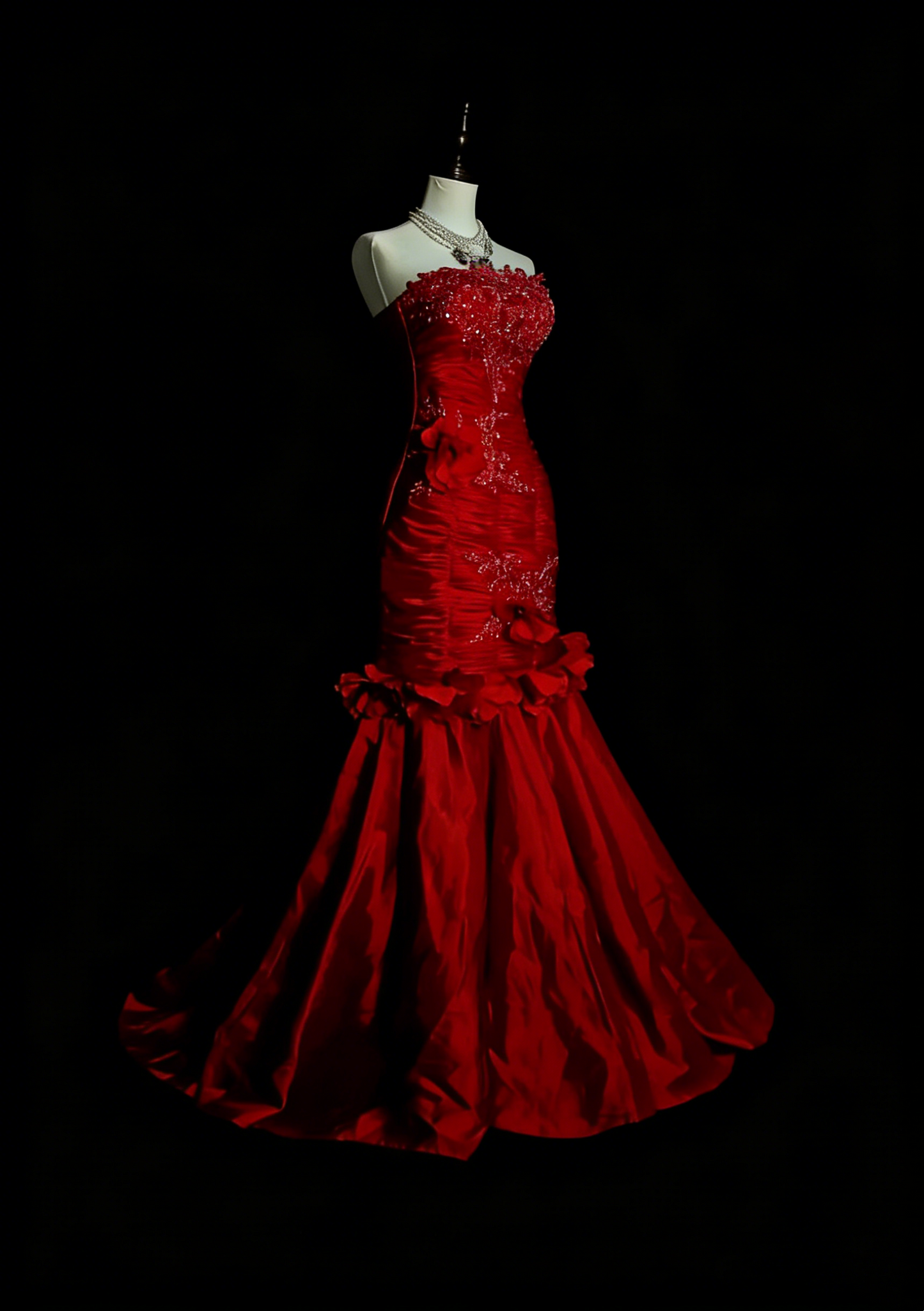 Vintage Mermaid Strapless Red Tulle Appliques Sleeveless 80s Sleeveless Prom Dresses Long Formal Party Gown N1440