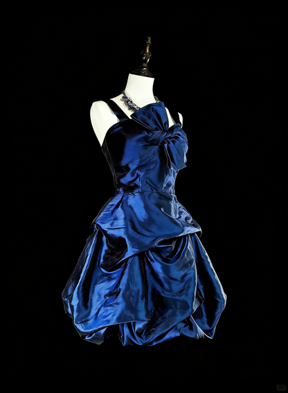 Vintage Ball Gown Spaghetti Strap Navy Blue Short Inspo 2000s Hoco Gowns Inspo Homecoming Dresses N1614