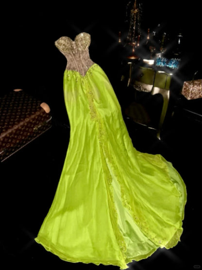 Luxurious Mermaid Sweetheart Green Chiffon With Gold Appliqued School Dances Prom Dresses 8th Grade Formal Outfits Evening Gown RB8399