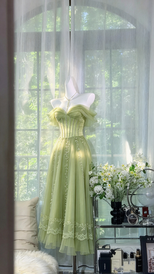 Prom Dresses Inspiration A Line Off Shoulder Sage Green With Appliqued Long Formal Party Gown 8th Grade Dress RC1274