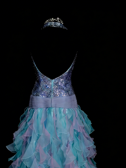 Cute Ball Gown Halter Blue With Tiered Layers Ruffles Long Party Gowns Prom Dresses N2143
