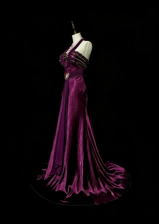 Retro Mermaid Halter Purple Satin With Beaded Sleeveless 70s Prom Dresses Long Formal Party Gowns N1494