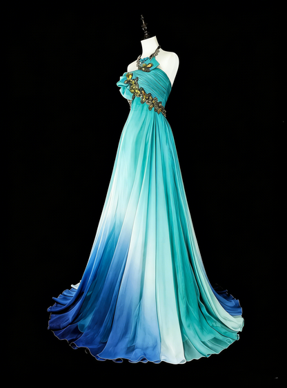 Vintage Prom Dresses Aesthetic 1950s Retro Classy Ombre Blue A Line Long With Beads N2006