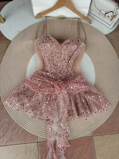 Pink Spaghetti Strap 16th Birthday Dress Glitter Sequin A-Line Homecoming Dresses N4737
