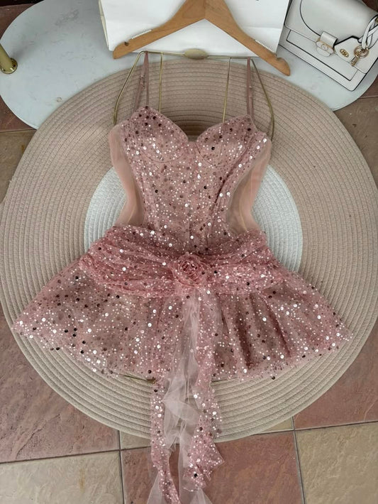 Pink Spaghetti Strap 16th Birthday Dress Glitter Sequin A-Line Homecoming Dresses N4737