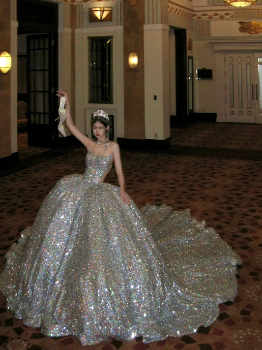 Timeless Ball Gown Strapless Silver Sequin Long Prom Dresses Inspiration Party Dress Prom Gowns RB1956