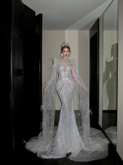 Shimmer Mermaid Long Sleeve Sequin Wedding Dress With Cape Feather Fairytale Brides Gown Wedding Dresses N052