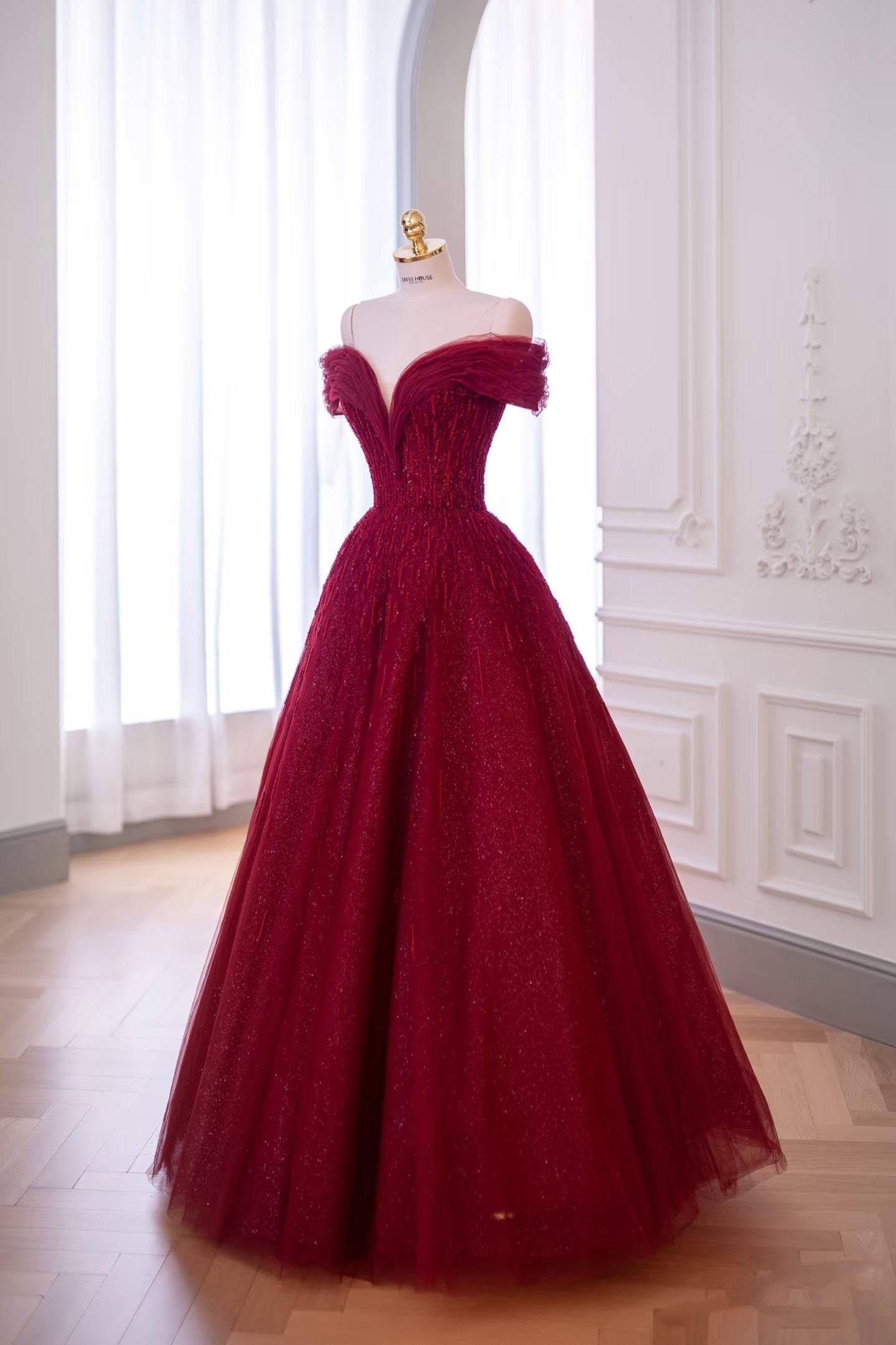 Shinning Ball Gown Off The Shoulder Red Tulle With Beads For Women Party Dresses Long Formal Prom Dresses 22th Birthday Gown AB1328