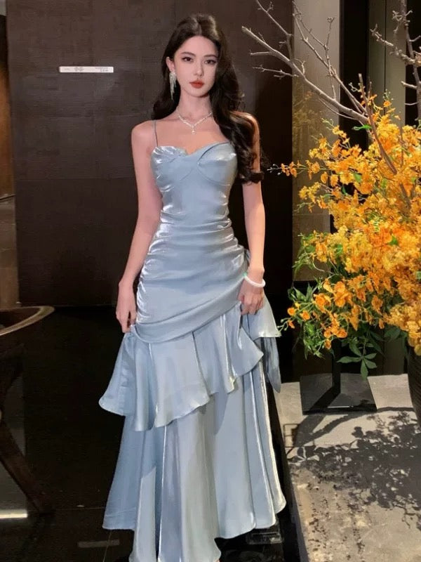 Shiny Mermaid Light Sky Blue Spaghetti Straps Dance Party Dress Girls Graduation Prom Dresses NN829