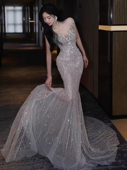 Sparkly Mermaid Sweetheart White Sequins For Women Party Dresses Long Formal Prom Dress Inspo 22th Birthday Gown AB1385