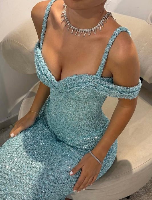 Blue Tulle Party Dress Off the Shoulder Sleeveless Prom Dresses Floor-length Side High Split Online AB1666