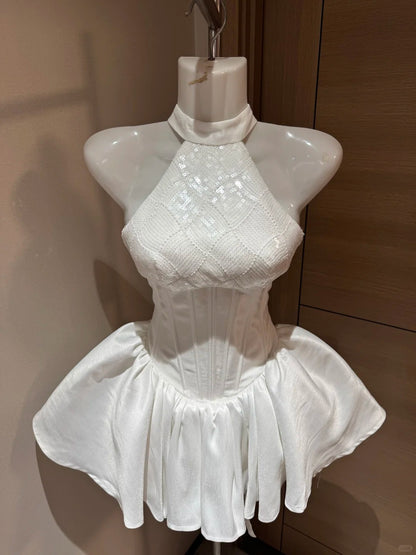 Cute Ball Gown High Neck White Sequin Night In Rio Inspo Hoco Dress Ideas Homecoming Dresses RB4032