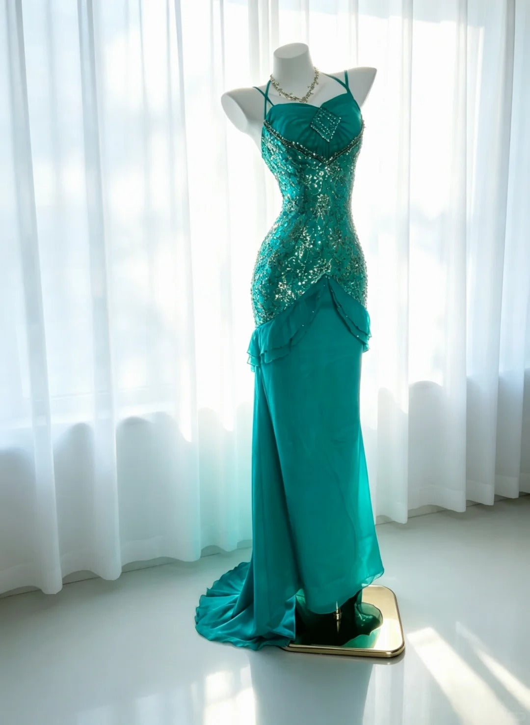 Elegant Mermaid Spaghetti Strap Green With Sequin 18th Birthday Elegant Outfit Formal Prom Dresses N4186