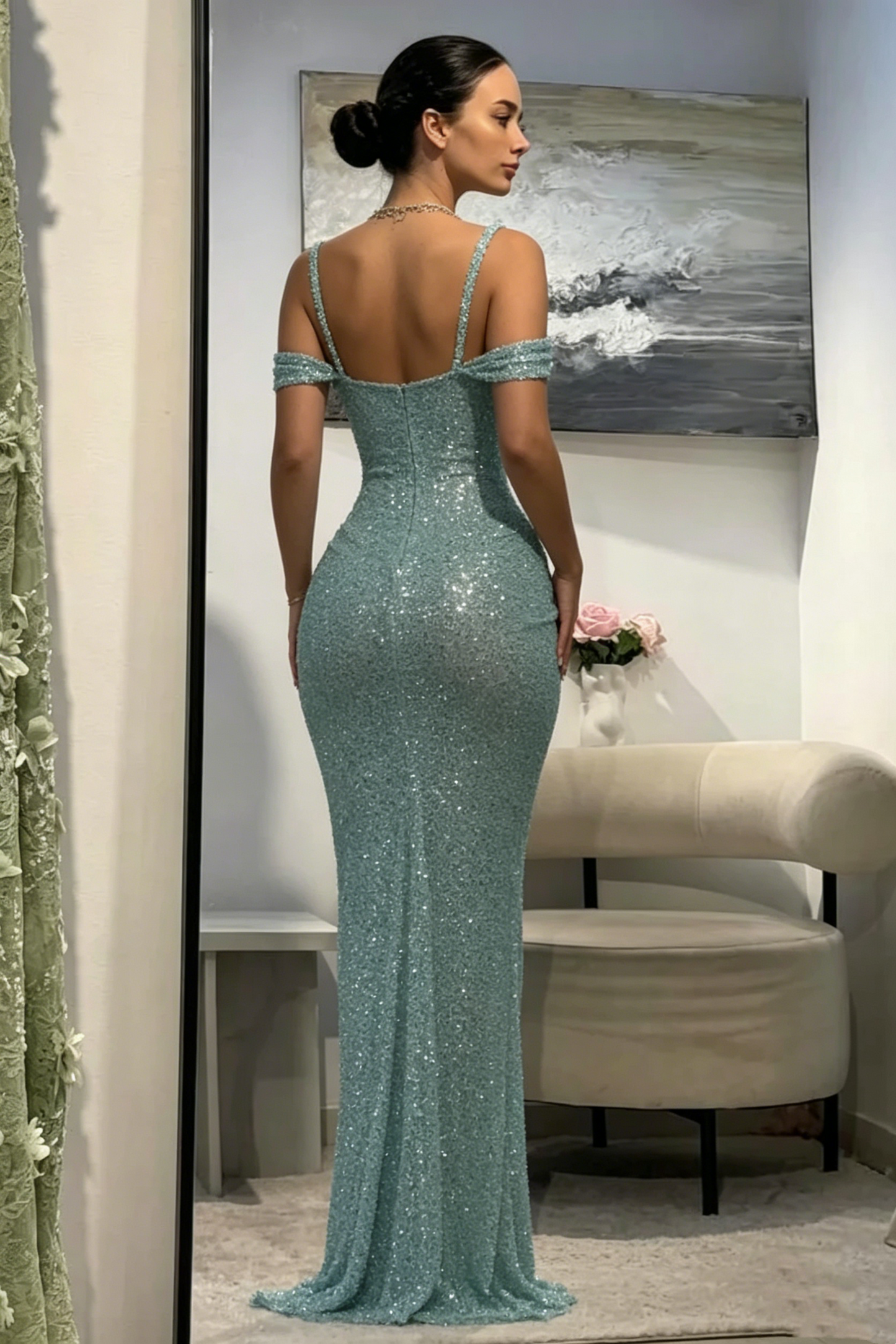 Blue Sequins Party Dress Off the Shoulder Sleeveless Prom Dress Evening Dress AB1555