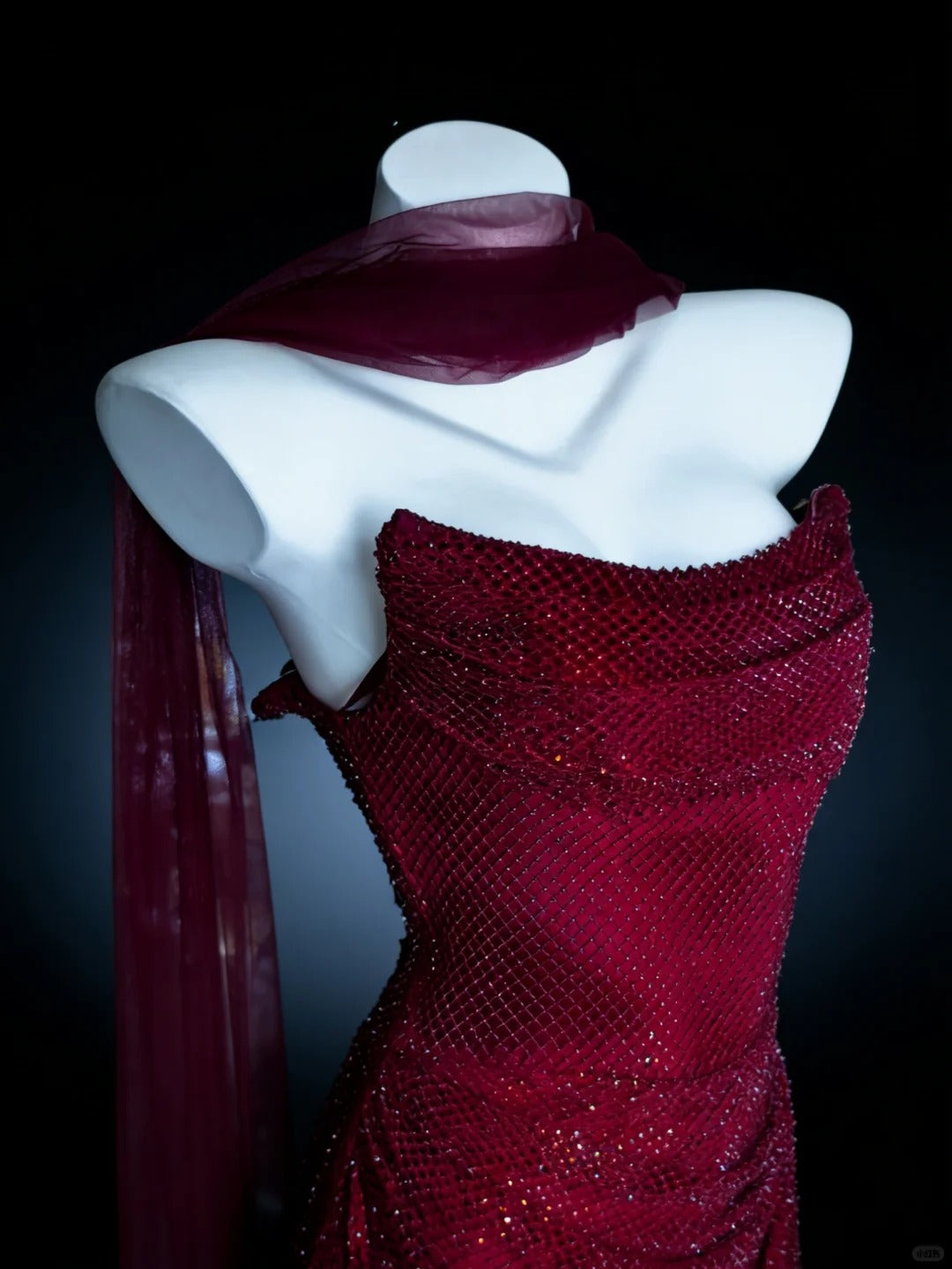 Pretty Prom Dresses Mermaid Strapless Burgundy Sequined With Scarf Long Formal Dress N3046