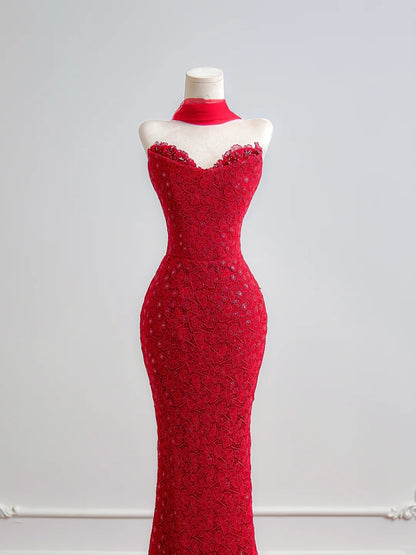 Romantic Mermaid Sweetheart Red Lace With Scarf Long Prom Dresses Impress 18th Birthday Outfits Party Gown N395