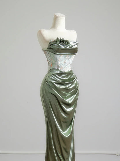 Romantic Mermaid Strapless Sage Green With Ruffles Long Prom Dresses Impress 18th Birthday Outfits Party Gown N397