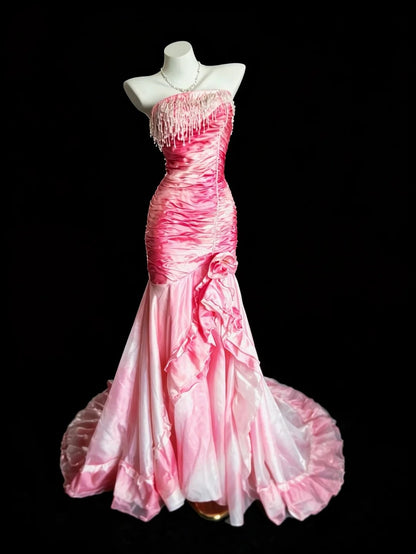 Stylish Mermaid Strapless Ombre White Pink Floor Length Prom Dresses Inspo Evening Outfits RB4469