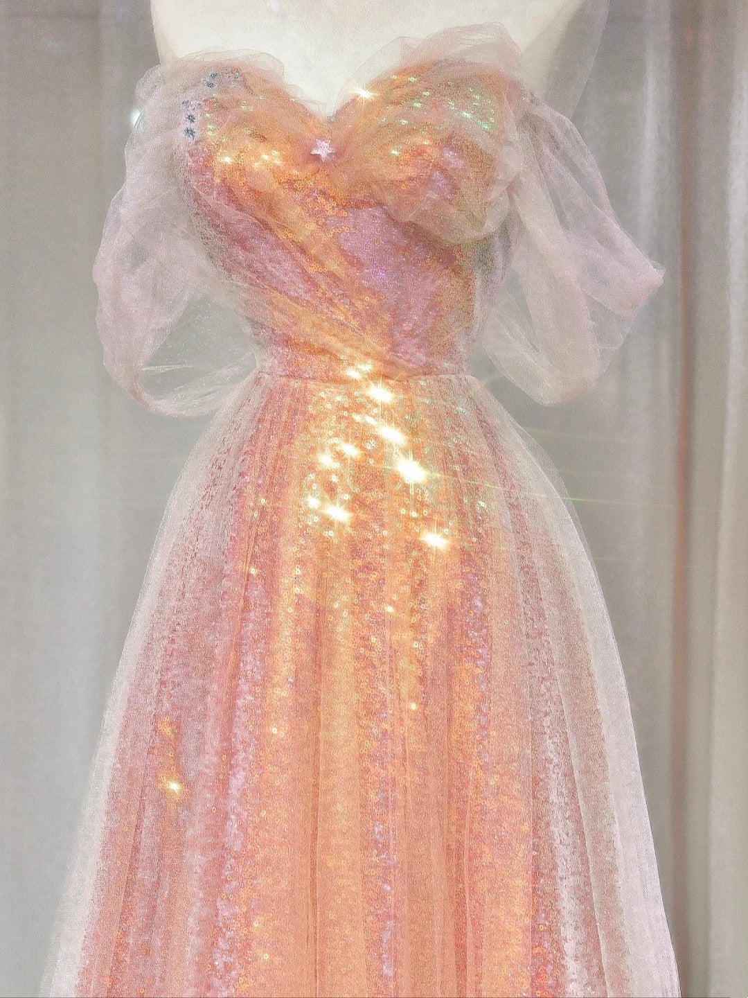 Gorgeous A line Off The Shoulder Pink Sequined With Short Sleeves Formal Evening Dress Gowns Long Prom Dresses N721