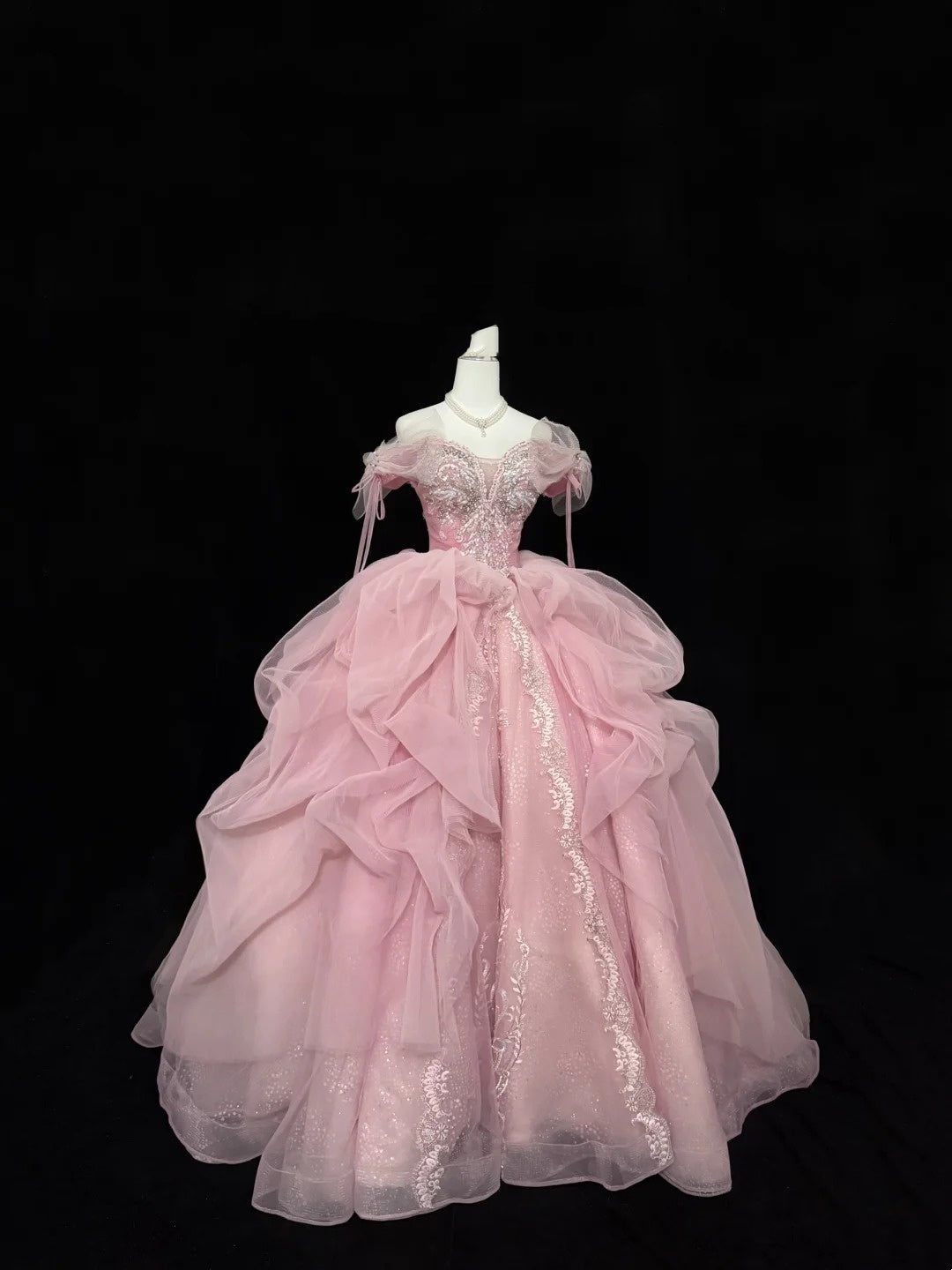 Pink Sweet 16 Dresses Long Ball Gown Off Shoulder With Ruffled Sequined Lace Sweet Sixteen Birthday Gown RC0235