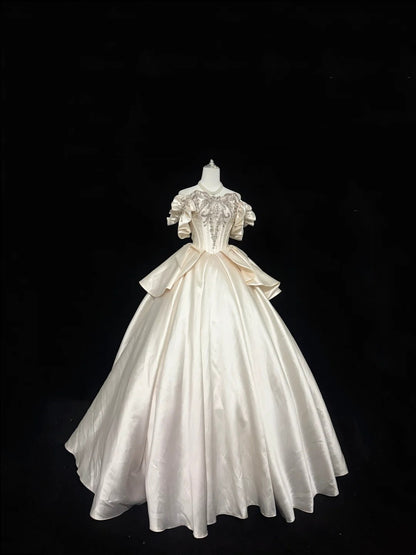 Sweet 15 Quinceanera Dress Ball Gown Off Shoulder Champagne Satin With Sleeves Long 15th Birthday Gown RC0327