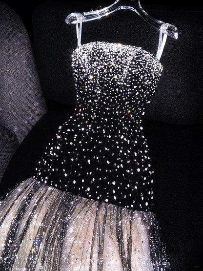Princess Mermaid Strapless Black Sequined Long Formal Evening Dress Formal 18th Birthday Gowns Prom Dresses N738