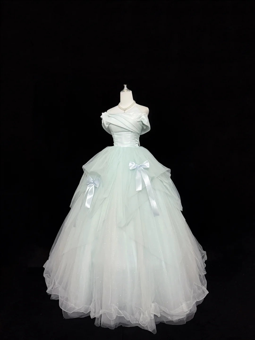 Tulle Prom Dress Long Floor Length Ball Gown Off Shoulder Mint Green With Bow-knot Formal Evening Gown For Women RC0248