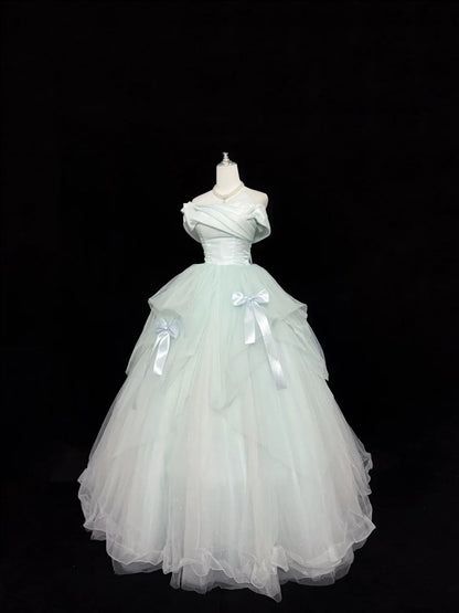 Tulle Prom Dress Long Floor Length Ball Gown Off Shoulder Mint Green With Bow-knot Formal Evening Gown For Women RC0248