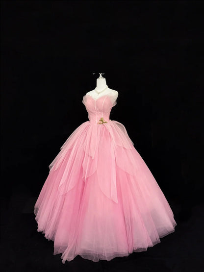 Sweet 16 Dresses Long Ball Gown Sweet Sixteen Long Birthday Dress Sweetheart Pink Tulle Formal Gown RC0296