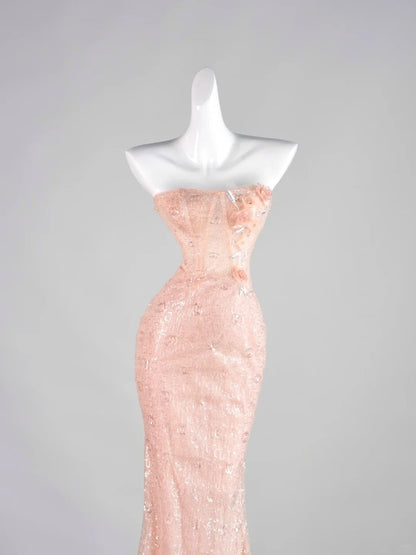 Classy Mermaid Pink Strapless Sequin Sleeveless Senior Prom dresses High School Formal Dress N1287